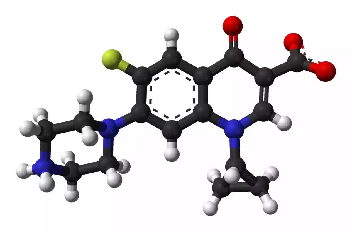 Η χημική δομή του Ciprofloxacin περιλαμβάνει έναν δακτύλιο κινολόνης με προσθήκη ατόμου φθορίου, που ενισχύει τη δραστικότητά του έναντι των βακτηρίων.