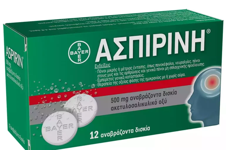 Συσκευασία του φαρμάκου ASPIRIN, περιέχει ακετυλοσαλικυλικό οξύ για αναλγητική και αντιφλεγμονώδη δράση