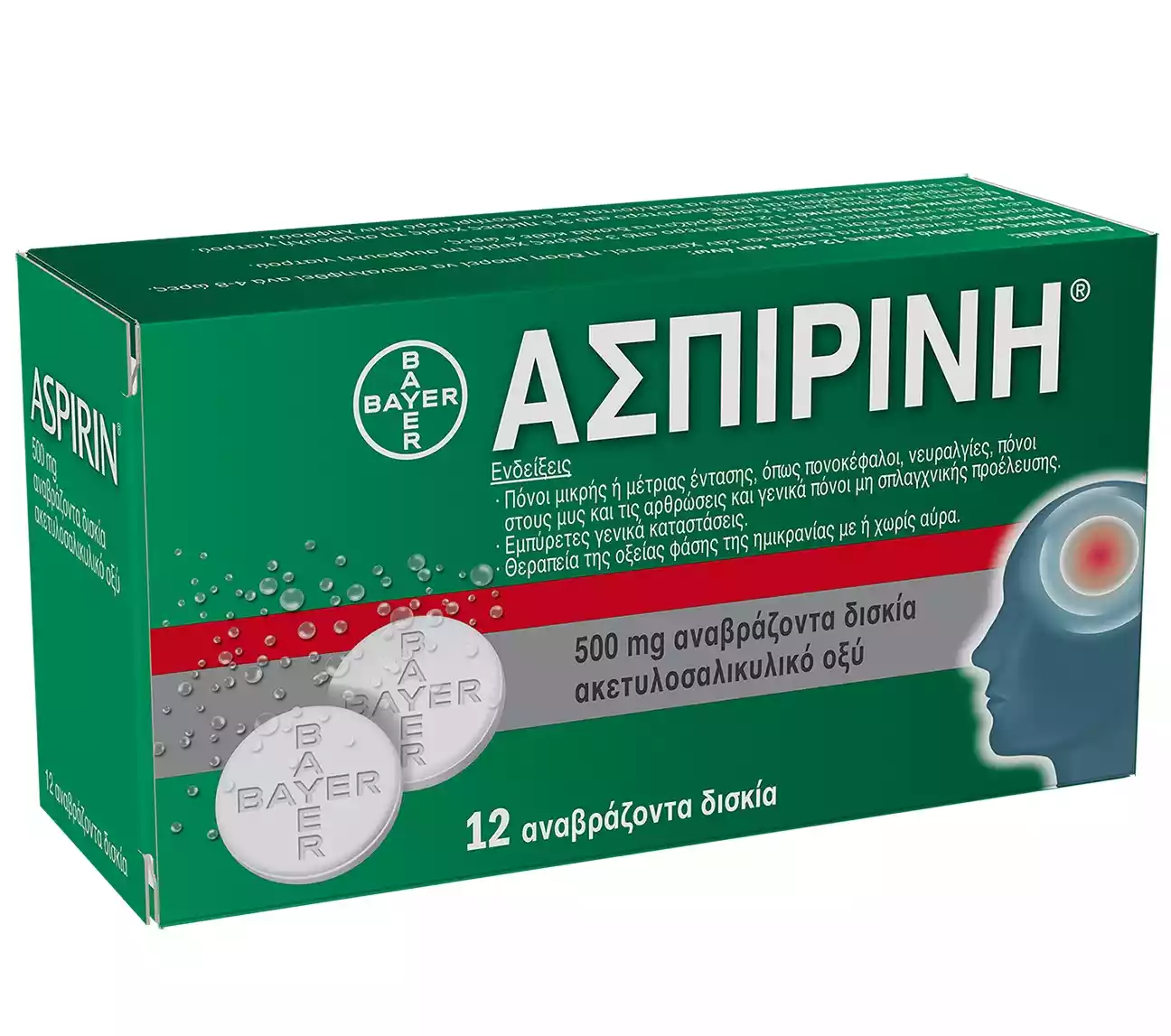 Συσκευασία του φαρμάκου ASPIRIN, περιέχει ακετυλοσαλικυλικό οξύ για αναλγητική και αντιφλεγμονώδη δράση