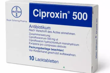Συσκευασία CIPROXIN με σιπροφλοξασίνη και βασικές πληροφορίες χρήσης και ασφάλειας