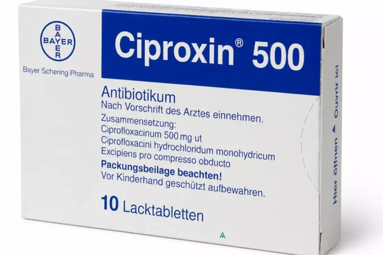 Συσκευασία CIPROXIN με σιπροφλοξασίνη και βασικές πληροφορίες χρήσης και ασφάλειας