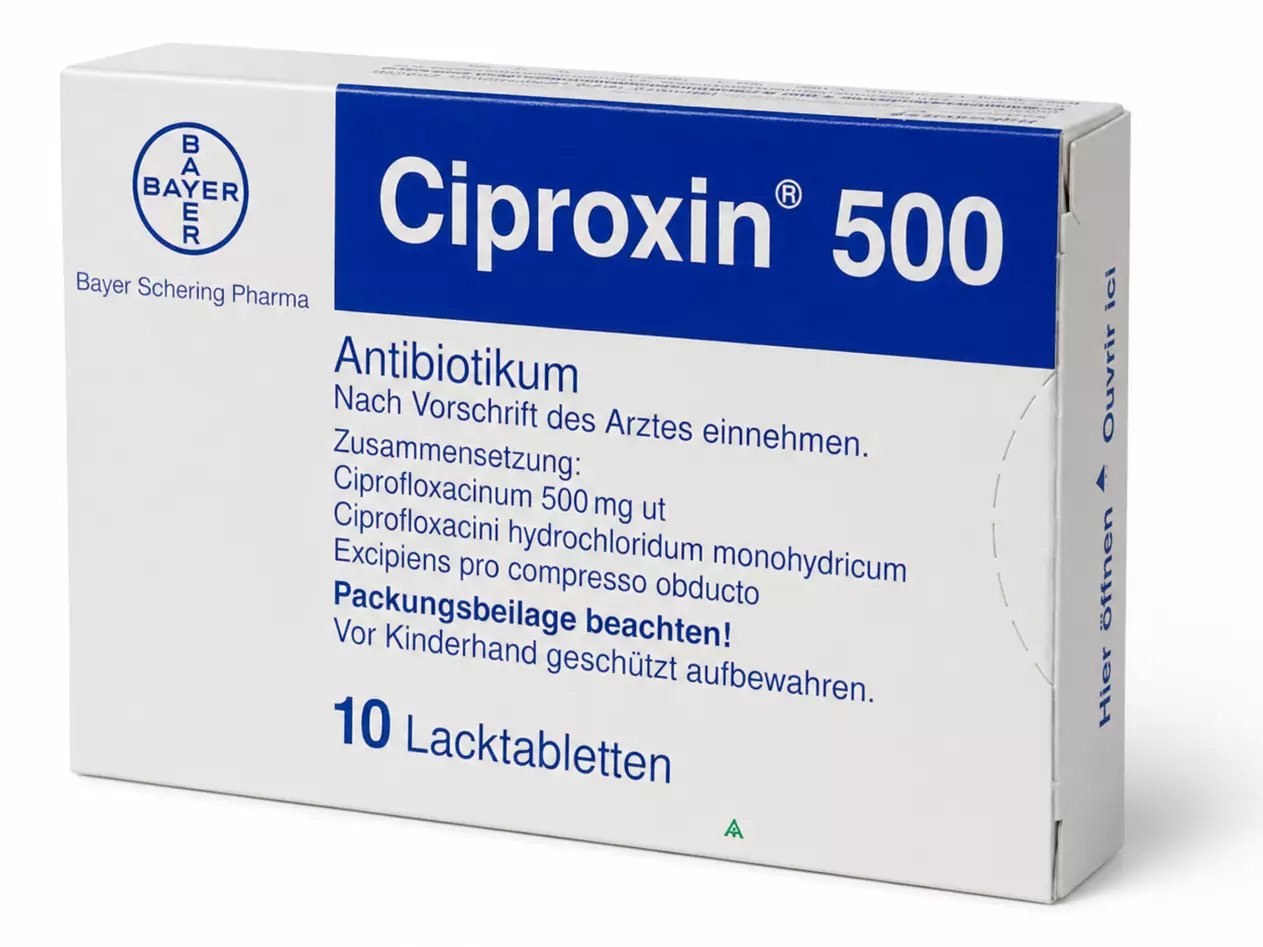 Συσκευασία CIPROXIN με σιπροφλοξασίνη και βασικές πληροφορίες χρήσης και ασφάλειας