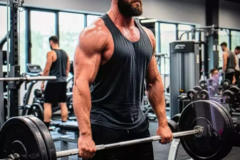 Μυώδης αθλητής κάνει άρσεις θανάτου στο γυμναστήριο, χρησιμοποιώντας την L-carnitine για ενέργεια.