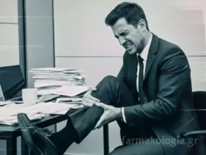 Επιχειρηματίας με κοστούμι και πόνος στο πόδι καθώς κάθεται στην καρέκλα του γραφείου του.