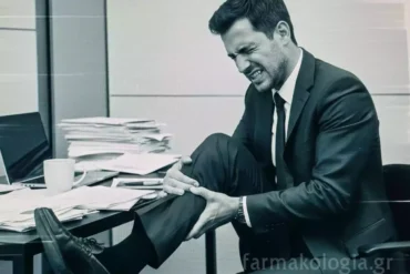 Επιχειρηματίας με κοστούμι και πόνος στο πόδι καθώς κάθεται στην καρέκλα του γραφείου του.
