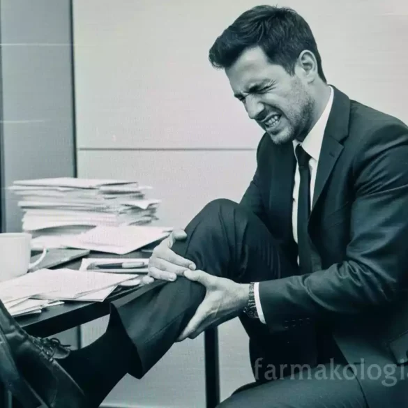 Επιχειρηματίας με κοστούμι και πόνος στο πόδι καθώς κάθεται στην καρέκλα του γραφείου του.