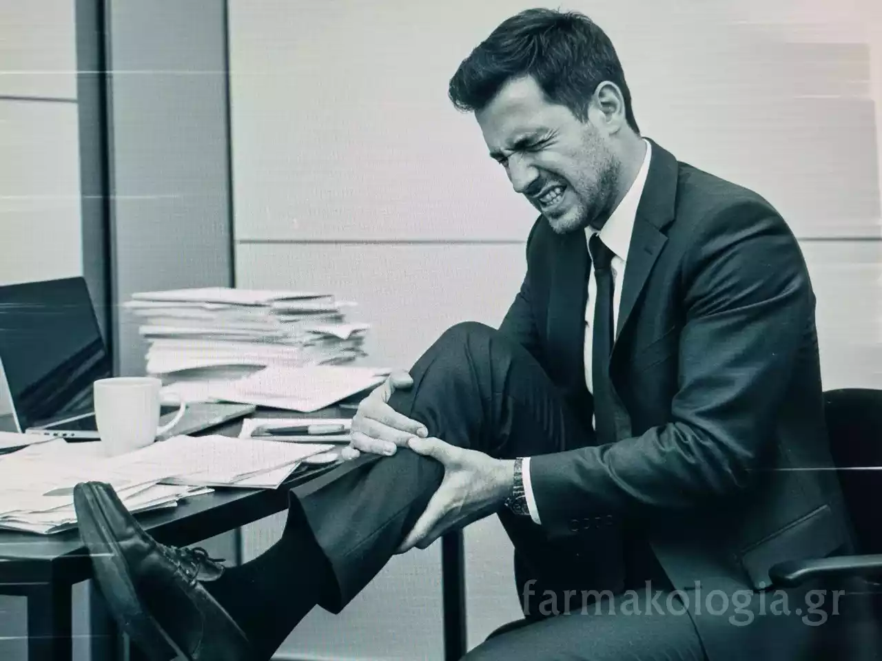 Επιχειρηματίας με κοστούμι νιώθει οξύ πόνο στο πόδι καθώς κάθεται στην καρέκλα του γραφείου του.