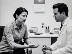 Ασθενής με έκφραση ανησυχίας λαμβάνει συμβουλές από γιατρό σχετικά με την επικίνδυνη πίεση.