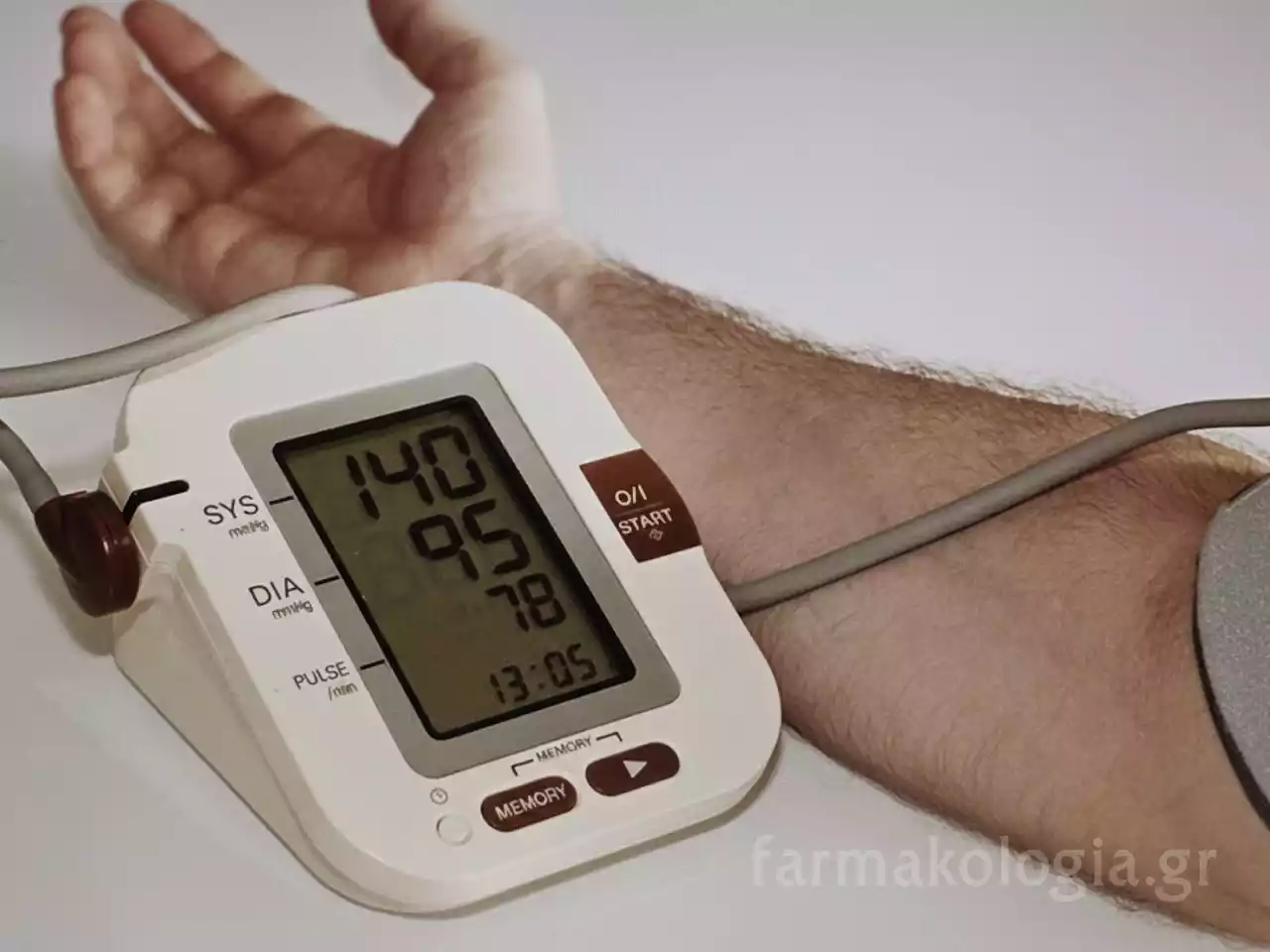 Κοντινό πλάνο σε ψηφιακό πιεσόμετρο που δείχνει επικίνδυνα υψηλή πίεση σε ανδρικό χέρι.