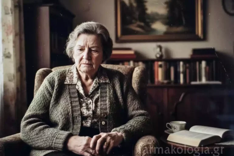 Ηλικιωμένη γυναίκα με μελαγχολική έκφραση, εικόνα για τα ψυχικά σημάδια της νόσου Πάρκινσον.