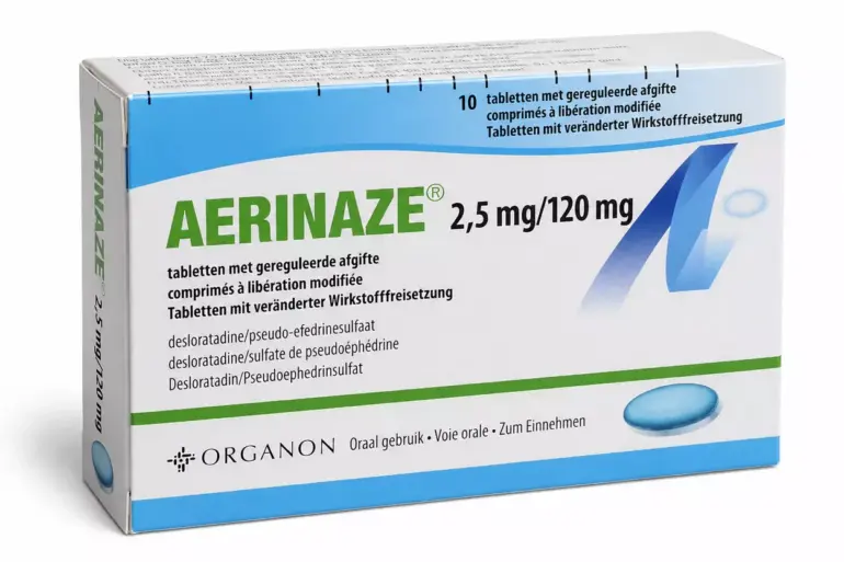 AERINAZE συσκευασία φαρμάκου με δεσλοραταδίνη και ψευδοεφεδρίνη για αλλεργική ρινίτιδα