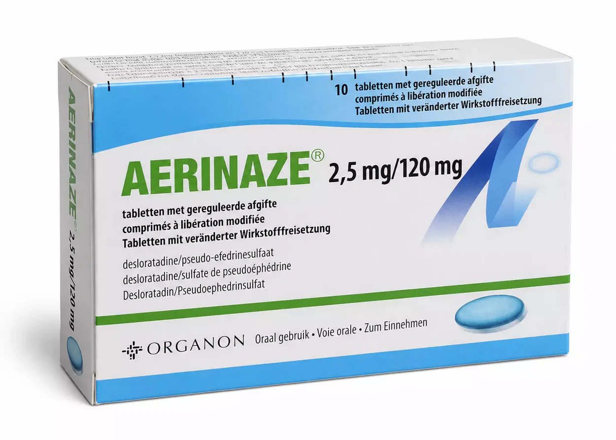 AERINAZE συσκευασία φαρμάκου με δεσλοραταδίνη και ψευδοεφεδρίνη για αλλεργική ρινίτιδα
