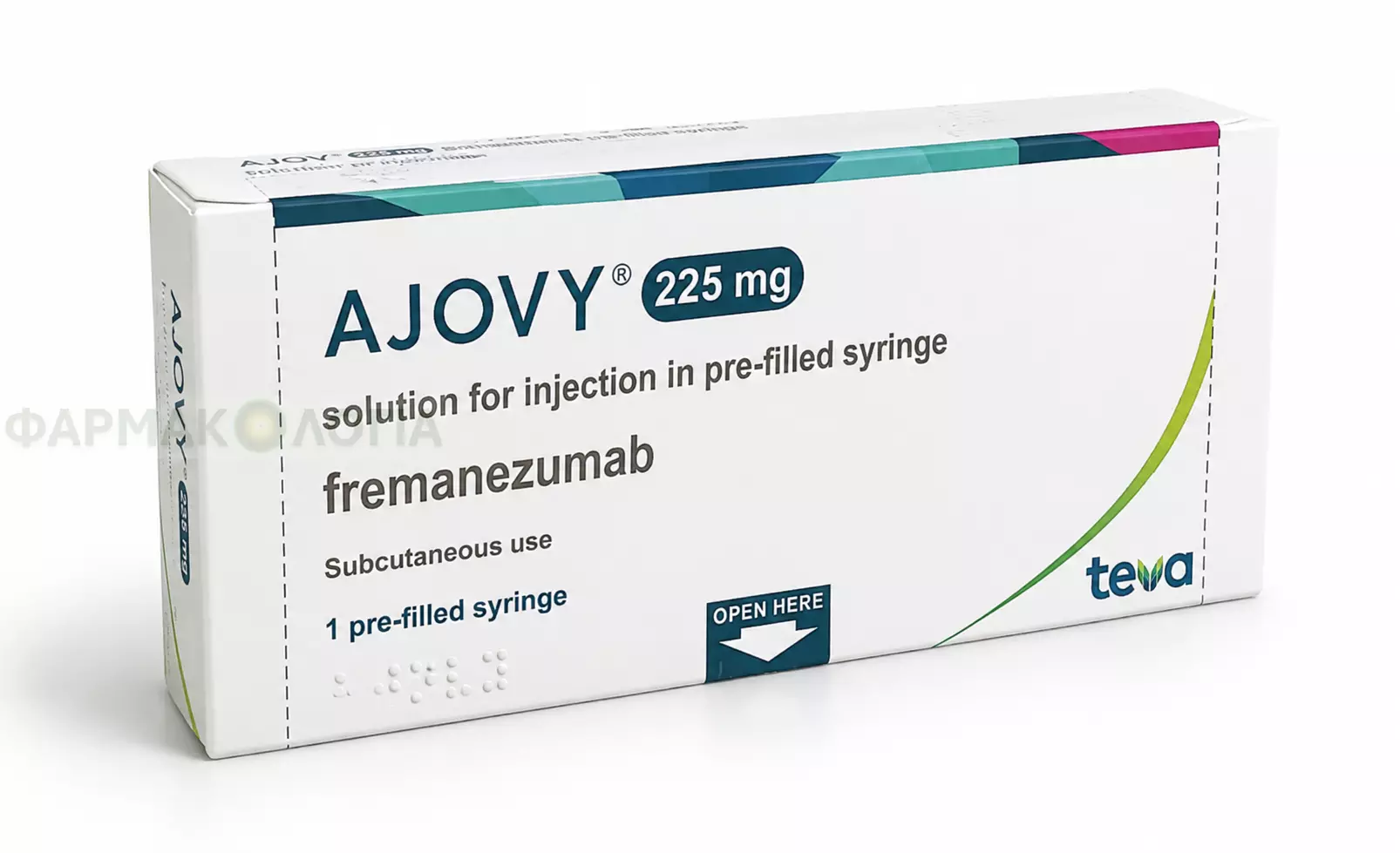 Συσκευασία AJOVY 225 mg με φρεμανεζουμάμπη σε προγεμισμένη σύριγγα για υποδόρια χρήση.