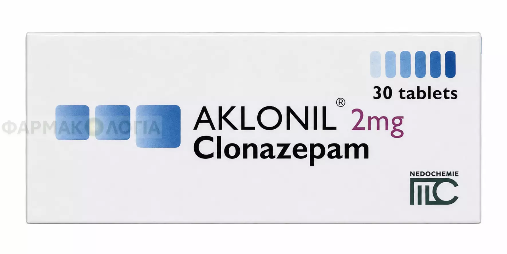 Λευκή συσκευασία AKLONIL 2 mg με κλοναζεπάμη και 30 δισκία της Medochemie.